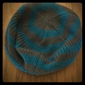 Teal & Gray Striped Knit Slouchy Beanie